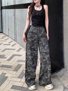 Americana de camuflaje retro pantalones vaqueros de pierna ancha las mujeres la primavera y el otoño de cintura alta suelta delgada recta pantalones de arrastre pantalon de mezclilla dama - Negro - Ver 4