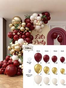 158件套酒红色气球拱门套装，包含各种尺寸的金色金属气球和酒红色珍珠乳胶气球，适用于毕业典礼、结婚纪念日、生日派对、迎婴派对、情人节派对装饰。 - 彩色 - 查看 10