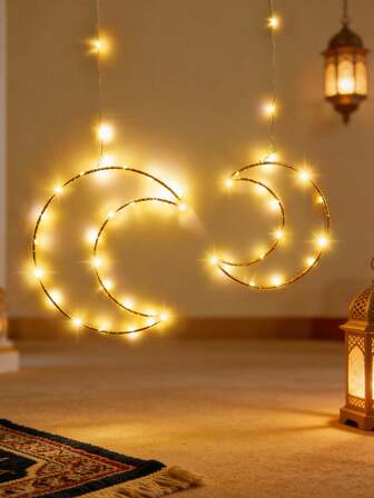 1 buc. Inel luminos de fier cu lună, alimentat cu baterii, lumină LED lungă suspendată cu baterii, perdea de lună în formă de lună, decorațiune Ramadan, potrivită pentru Crăciun, Halloween, Ziua Îndrăgostiților, Ramadan, nuntă, petrecere și decorare interioară, utilizată pentru interior, dormitor, sufragerie, cameră, birou, decorare perdea, decorare de perete exterioară, dormitor, nuntă, petrecere, festival, cadou perfect de decorare pentru sărbători