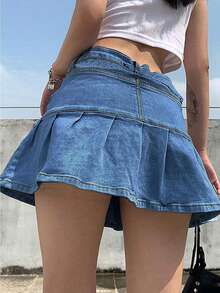 Music Festival Summer Casual Y2K Style Pleated Denim Mini Skirt - Medium Blue - View 2