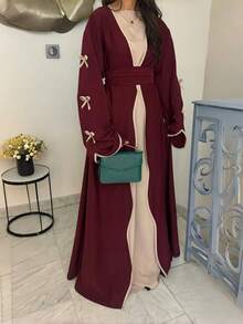 SuofeiMan Plus Size New Middle Eastern Fashion Simple Bow Abaya, Burgundy Solid Color Casual Soft Comfortable Robe & Includes Inner Lining, Belt, Suitable For Festivals, Daily Wear, 2 Pieces Set