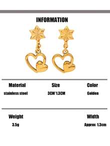 1pair Western Vintage18k Gold Plated Stainless Steel Heart Shaped Piercings Valentines Earrings Jewelry Women ,Dangle Stud Earrings Women ,Valentine's Day ,Wedding ,Mother's Day, Gifts For Women,Mon Suitable For Wear With Daily Outfits And Mardi Gras Party Accessories - Gold - View 8