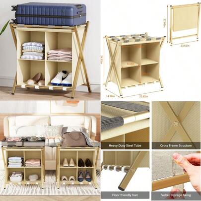 New Aboxoo Luggage Rack With Storage Guest Room Folding Suitcase Stands Holds Up To 120 Lb Space Saving Suitcase Holders For Guest Room Bedroom Hotel Gold