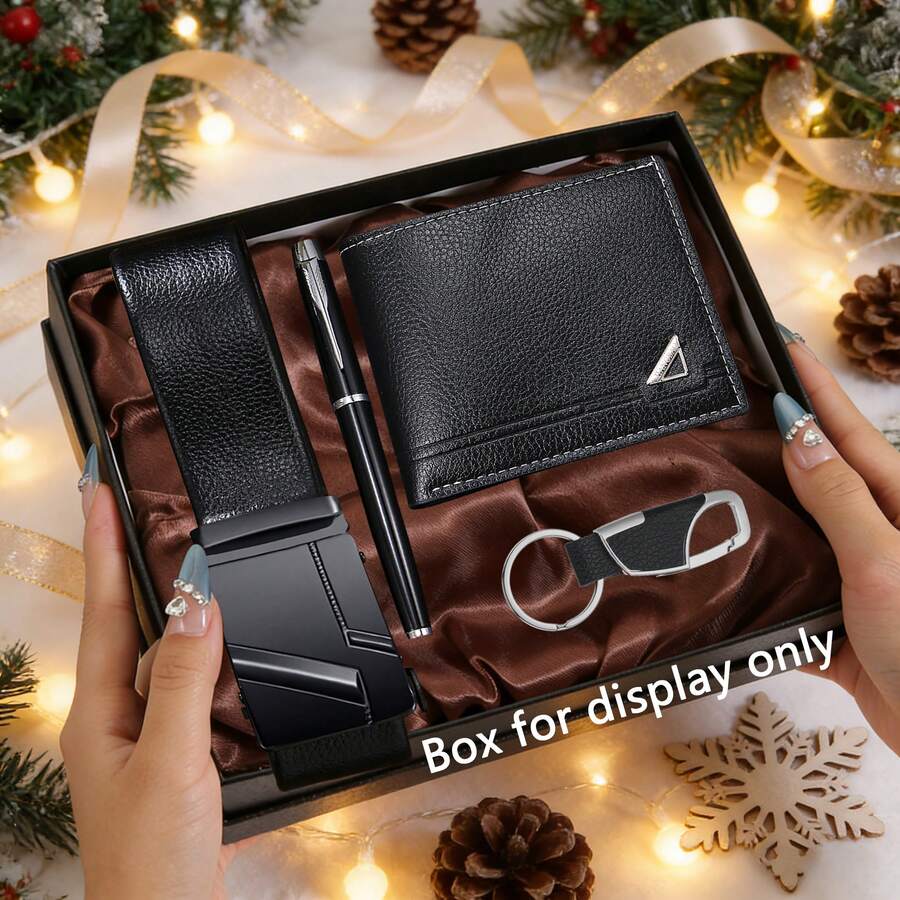 男士钱包+男士皮带四件套，日常搭配使用，父亲节礼物，复古时尚商务百搭男士钱包，适合作为节日礼物，如圣诞节、情人节、生日（不含礼盒） - 黑色 - 查看 1