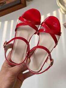 Girls' Elegant High Heel Sandals, Size 26-36 | Chunky Transparent Heel And Ankle Strap | Multi-Color Metallic Shoes, Suitable For Flower Girl, Communion And Formal Occasions - Red - View 6