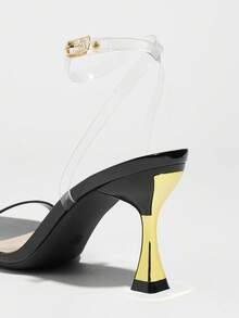 女士高跟鞋，时尚优雅的设计，独特的撞色拼接，透明踝带，舒适百搭，适合任何正式场合，黑色礼服凉鞋 - 黑色 - 查看 5