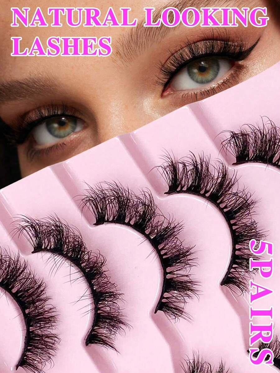 5 Pairs Of Natural Eyelashes, Fluffy False Eyelashes, Curled False Eyelashes, Soft Eyelashes, 3D Curly Eyelashes, Striped Eyelashes, False Eyelashes - Black - View 1
