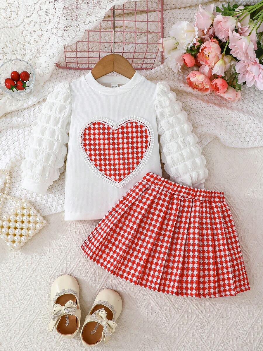 2pcs Girls Plaid Heart Print Puff Sleeve Top + Pleated Skirt, Sweet Academic Style Casual Fashion - White - View 1