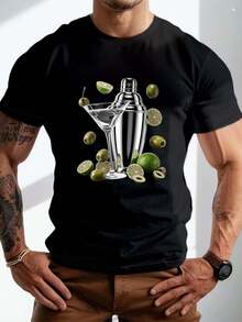 Camiseta Negra Arrugada para Hombre de Talla - Impresión Gráfica de Cóctel con Copa de Martini; Diseño de Limón Camiseta Casual de Verano Ligera y de Corte Relajado Comodidad transpirable para todas las estaciones. Camiseta de manga corta. Tela duradera. Ropa de fácil cuidado - Negro - Ver 7