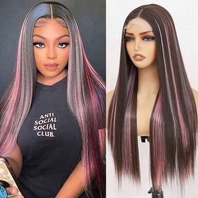 BMNH 高光粉色 13x4 蕾丝前假发 真人发 预先拔毛 波浪卷 180% 密度 亮片挑染假发 真人发 粉色和黑色假发 高清蕾丝前额 1B/粉色假发