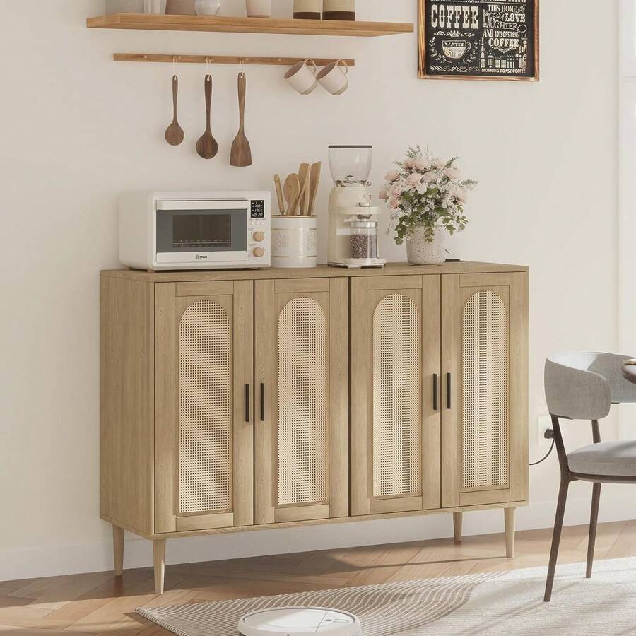 clóset Buffet de ratán con Almacenamiento, aparador con 4 Puertas y estantes Ajustables, Barra de café Consola con estación de Carga, clóset de Madera Boho para Cocina, Sala de Estar y Comedor - Color de la madera - Ver 1