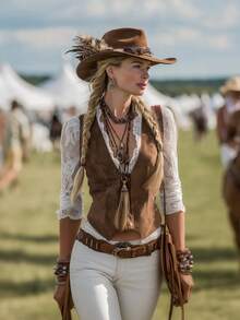 Women's Elegant V-Neck Long Sleeve Lace Trim Faux Denim Collar Cover Up - Bohemian Western Cowgirl Style, Stretchy & Versatile, Suitable For Casual, Denim Outfits, All Seasons, Women's Western Wear, Women's Shirts & Blouses - Brown - View 2