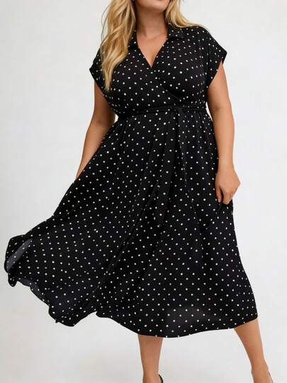 Elegant Women's Polka Dot Plus Size Long Dress, Spring V-Neck Short Sleeve With Belt Summer Wrap Dress