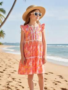 女童碎花V领短袖撞色滚边连衣裙 - 彩色 - 查看 1