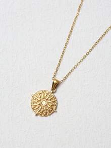 1 chiếc dây chuyền mặt tròn mạ vàng bằng thép không gỉ sang trọng dài 45+5cm với mặt dây chuyền hình la bàn cổ điển, độ dài dây có thể điều chỉnh, phù hợp để phụ nữ đeo hàng ngày. - Vàng - Xem 4