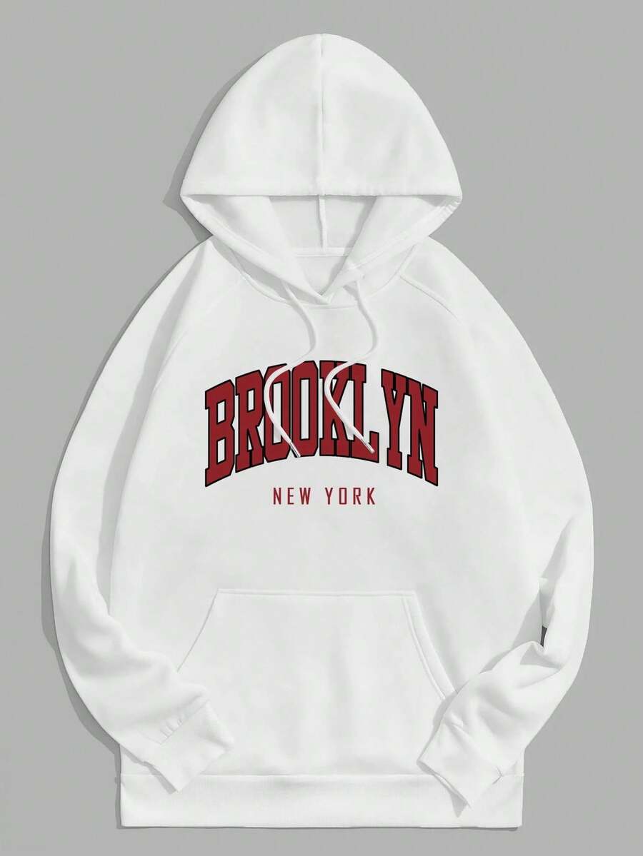 Manfinity Dauomo Men's Warm Hoodie With Letter Pattern And Adjustable Drawstring - White - View 1