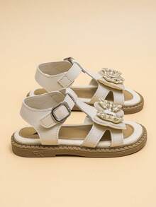 Girls' Summer Soft Sandals: Cream White Plaid Bow Style, Soft Sole, Non-Slip Design, With Convenient Buckle, Ideal For Daily Outings - Champagne - View 5