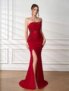 Elisanya 浪漫红色无袖露肩长款正式晚礼服，优雅礼服，适合婚礼、宴会、宾客等场合，露肩设计，饰有串珠和开衩，魅力十足，适合婚礼、伴娘、周年纪念、新年、情人节派对等场合。 - 紅色 - 查看 5