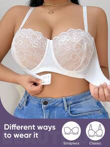 MEIYATING 1pc Women's Front Closure Lace Bra, Soft & Breathable, Removable Straps, Plus Size, Summer