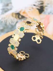 falinne 1pc S925 Sterling Silver Hexagon Honeycomb Adjustable Bangle Bracelet, Elegant Women's Jewelry Gift For Wedding, Engagement, Girlfriend Birthday