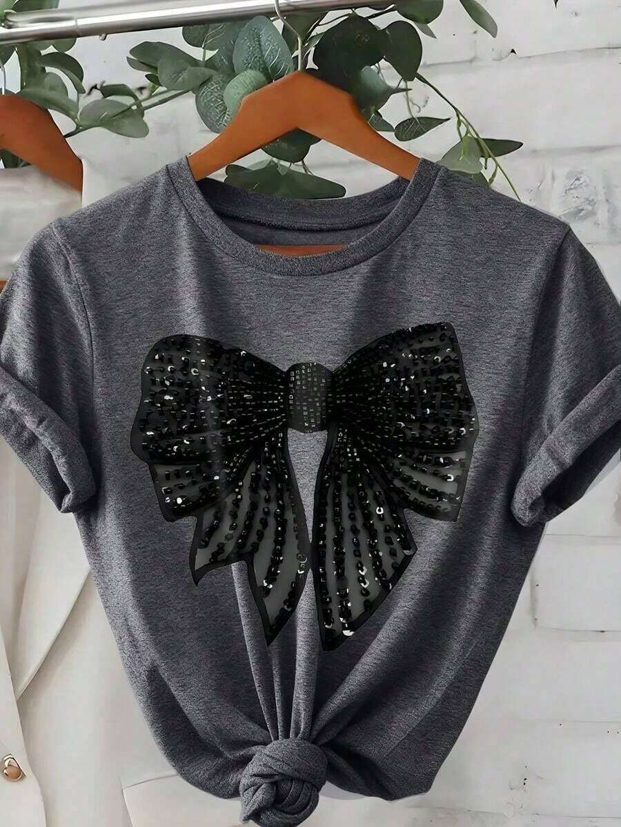 Versatile Casual Short-Sleeve T-Shirt With Round Neck And Delicate Bow Print - Basic Blouse - Grey - View 1