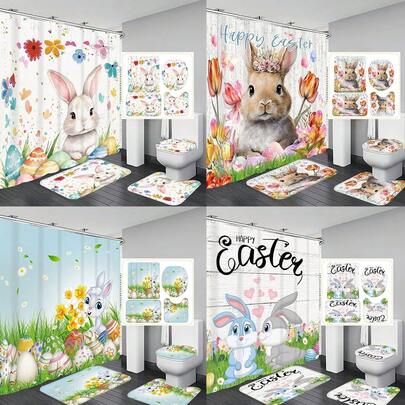 1pc/4pcs Easter Bunny Theme Bathroom Set: Cartoon Rabbit, Colorful Eggs, Floral Pattern Shower Curtain With 12 Hooks, Bath Rug, U-Shaped Toilet Mat, Toilet Lid Cover, Bathroom Divider, Bathroom Accessories, Bathroom Decor