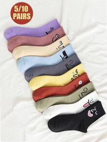 5/10 Pairs Women's Crew Socks, Funny Expression Graphic, Solid Color, Versatile, Sports Socks Suitable For Various Occasions - Multicolor - View 2