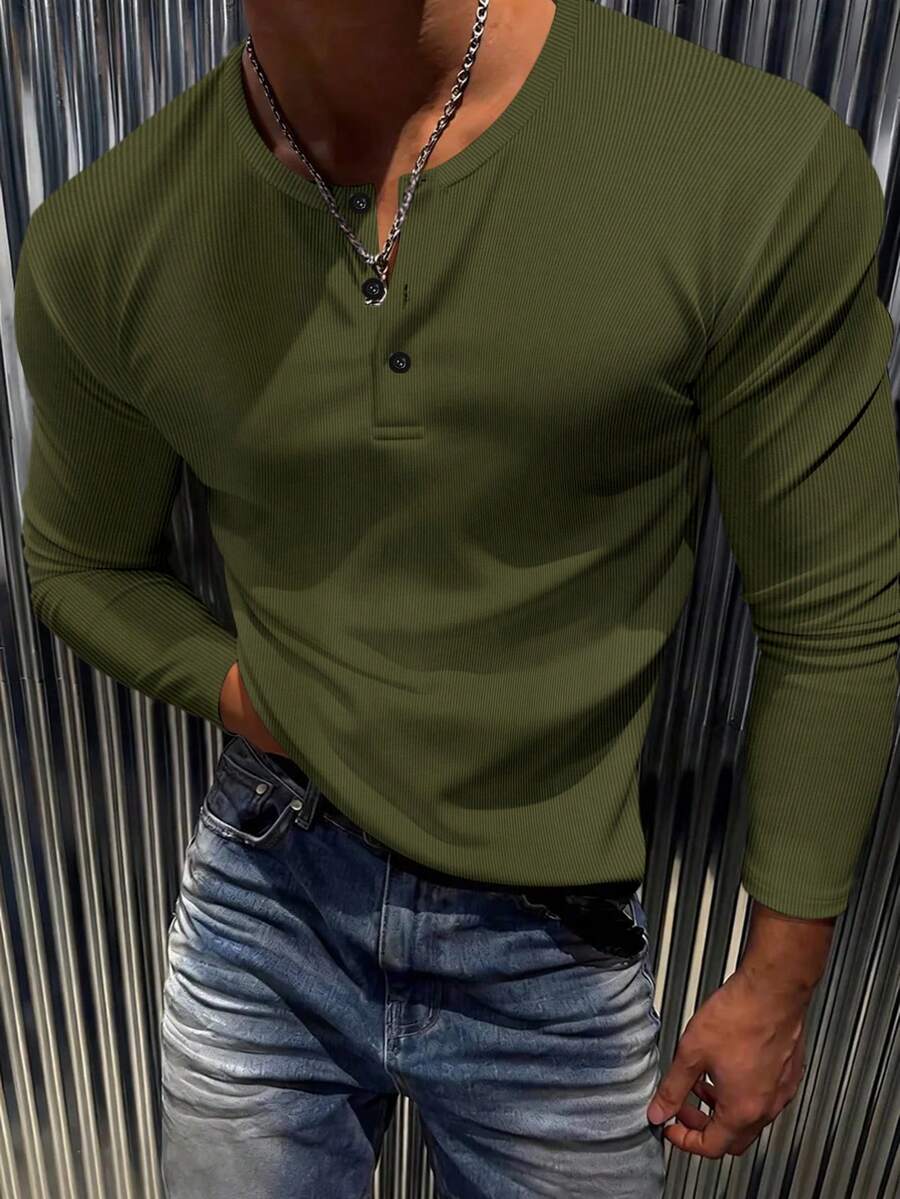 New Men's Casual Classic Ribbed Texture Henley Neck Lightweight Versatile Long Sleeve T-Shirt - Army Green - View 1
