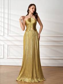 Elegant Women's Gold Sequin Pleated Halter Backless Sexy Evening Dress, Suitable For Formal Occasions - Gold - View 4