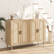 clóset Buffet de ratán con Almacenamiento, aparador con 4 Puertas y estantes Ajustables, Barra de café Consola con estación de Carga, clóset de Madera Boho para Cocina, Sala de Estar y Comedor - Color de la madera - Ver 6