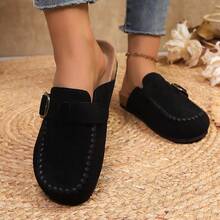 欧式麂皮穆勒拖鞋，搭扣系带休闲无后跟套脚乐福鞋，女士款 - 黑色 - 查看 2