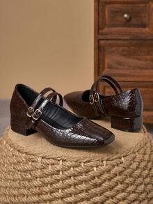 MonaNise Giày Mary Jane nữ đế thấp, gót dày 3cm, màu đen, ánh kim, màu xanh navy và đỏ tía. - Nâu sẫm - Xem 4