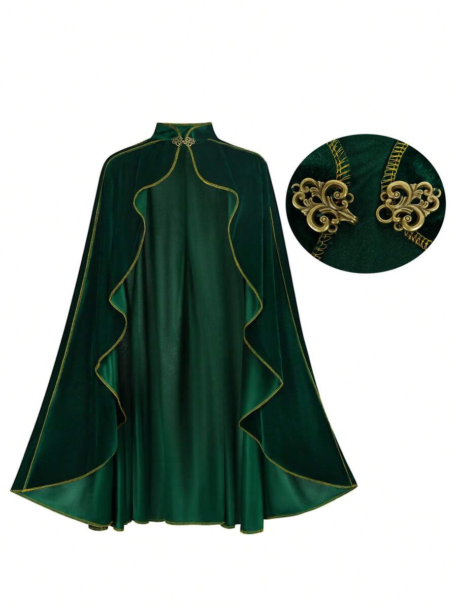 男士绿色连帽斗篷，金色镶边，适合巫师/魔法师/女王服装、万圣节动漫角色扮演表演