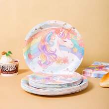彩虹独角兽生日快乐一次性餐盘、餐巾纸、杯子、桌布和横幅套装，16人份派对用品套装，适合生日、婚礼、主题派对、家庭野餐等场合。 - 彩色 - 查看 4