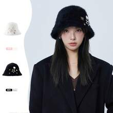 パーソナリティバケットハット 女性用 冬 暖かい帽子 かわいい ソフト ふわふわ バケットハット 毛皮のようなフィッシャーマンキャップ - ブラック - チェックする 1
