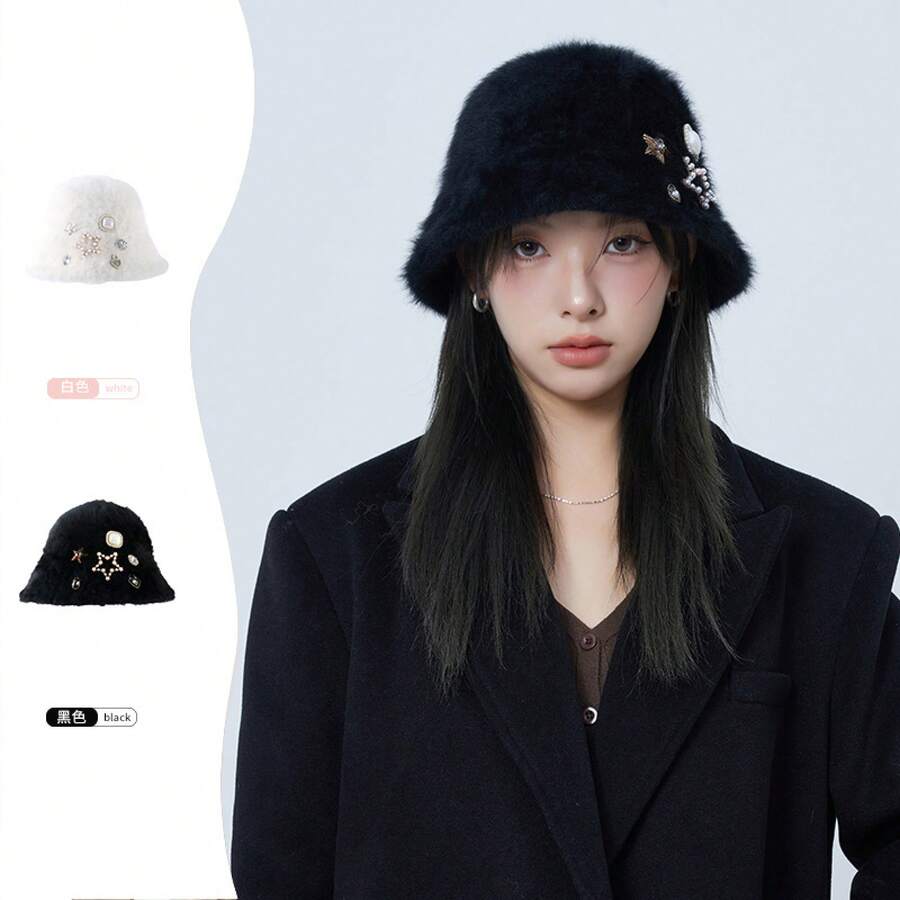 パーソナリティバケットハット 女性用 冬 暖かい帽子 かわいい ソフト ふわふわ バケットハット 毛皮のようなフィッシャーマンキャップ - ブラック - チェックする 1