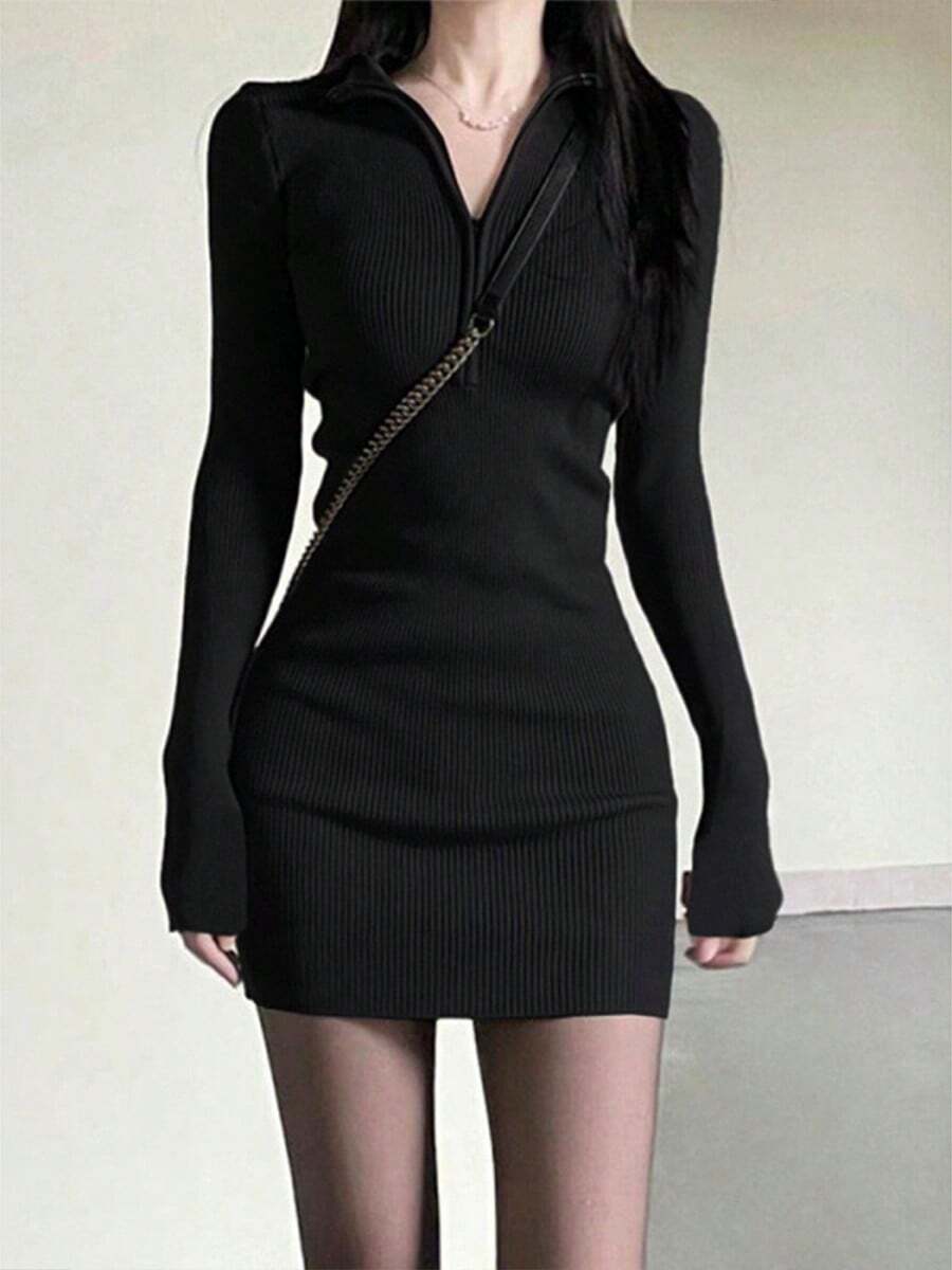 De manga larga vestido de abajo las mujeres dentro de la primavera, otoño e invierno nuevo sexy picante pequeño Slim zip paquete cadera falda corta vestidos elegantes para dama - Negro - Ver 1