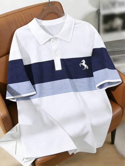 男童休闲百搭学院风马匹印花拼接设计半开襟领短袖polo衫，春夏款