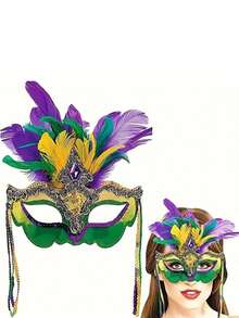 1件装女士化妆舞会面具，带人造羽毛，适合各种派对服装和配饰 - 綠色 - 查看 7