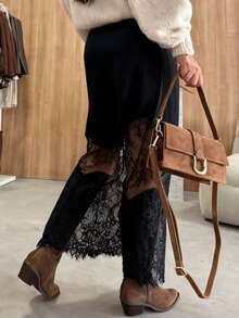 2025新款优雅纯色梭织蕾丝拼接拉链半身裙，修身款式，适合日常穿着，秋冬黑色春季款 - 黑色 - 查看 3