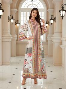 优雅女士V领长袖波西米亚印花连衣裙，采用梭织面料制成，展现活力四射的波西米亚风情。 - BX09 - 查看 3