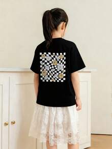Tween Girls' Casual Apricot Colored Graphic Print Round Neck Short Sleeve T-Shirt, Summer Top - Black - View 2