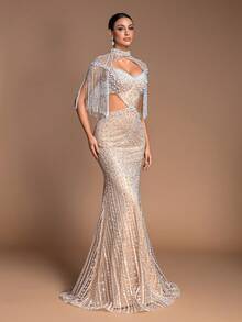 Elegant Long Party Dress With Embellished Pearls, Women's Sleeveless Tassel Hollow Strapless Choker Neck Mermaid Gown, Formal Evening Dress For Red Carpet, Gala, Wedding, Bridesmaid - 香檳色 - 查看 5