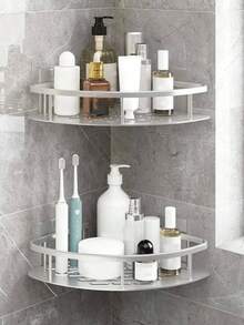 1pc Silver Bathroom Storage Rack, No Drilling Bathroom Organizer, Triangular Toilet Wall-Mounted Kitchen Rack - Silver - View 1