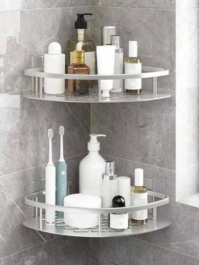 1pc Silver Bathroom Storage Rack, No Drilling Bathroom Organizer, Triangular Toilet Wall-Mounted Kitchen Rack