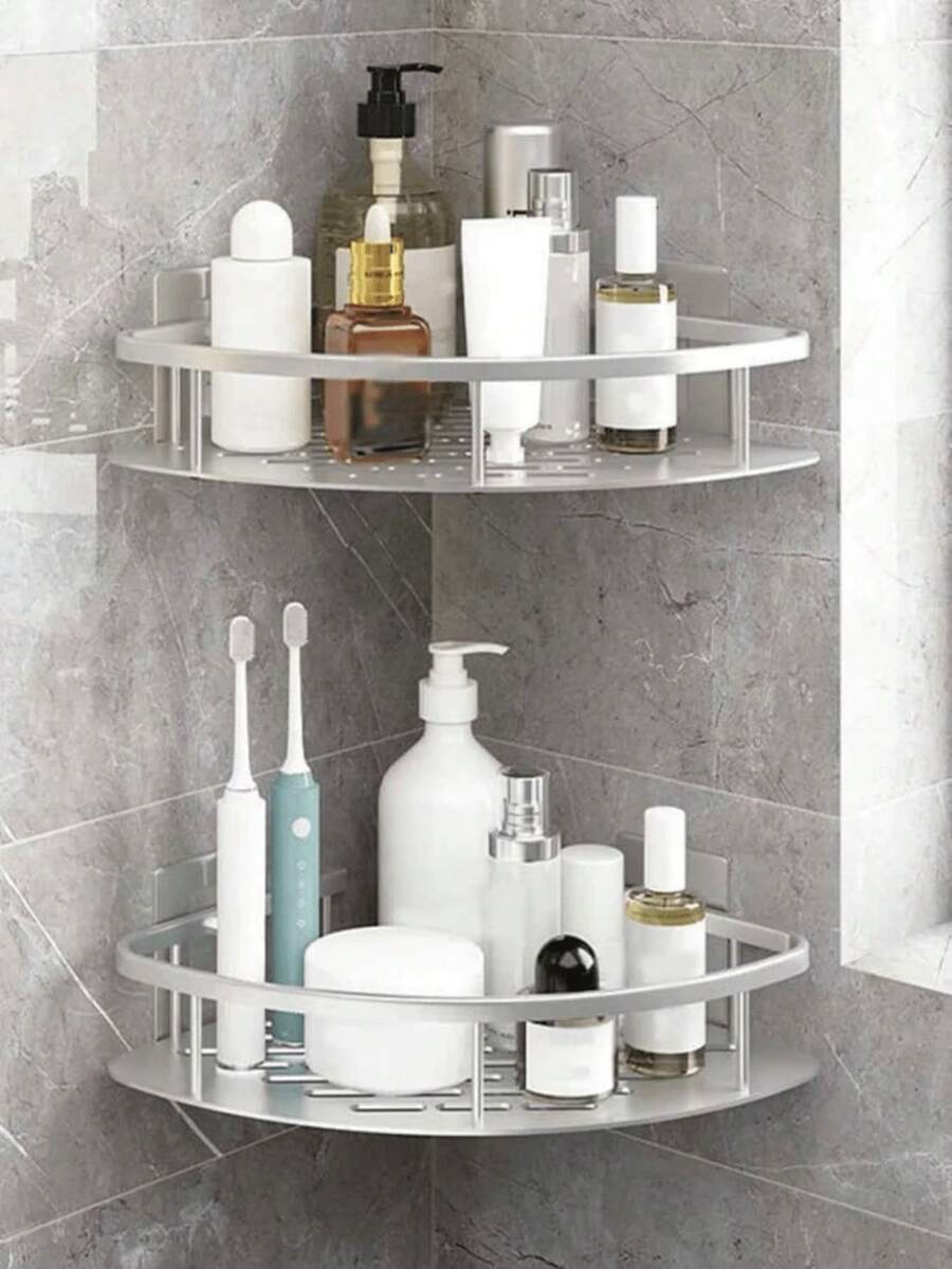 1pc Silver Bathroom Storage Rack, No Drilling Bathroom Organizer, Triangular Toilet Wall-Mounted Kitchen Rack - Silver - View 1