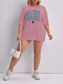 Oversized Printed Aloha Flower T-Shirt, Summer/Spring Short Sleeve Blouse, Lightweight Gym Wear - Rosa Pálido - Ver 4