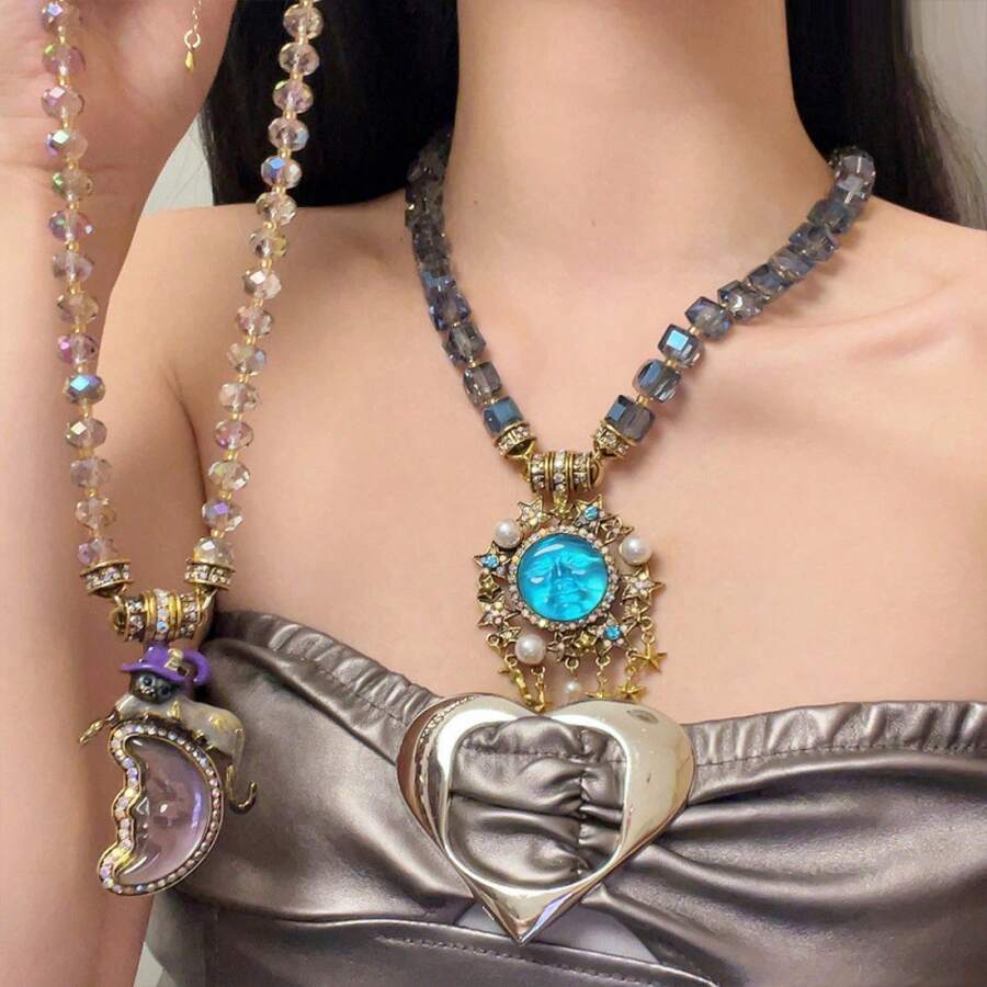 1PC New Exquisite Luxurious Retro Moon Star Beaded Unique Design Women's Collarbone Chain Jewelry - 睡夢天使項鍊Z-2896 - 查看 1
