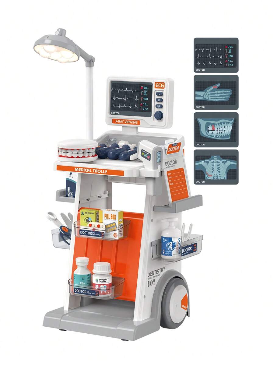 医生和护士服装套装、牙科医疗推车、牙套、听诊器、电子体温计、心电图监护仪、医疗器械、迷你套装、儿童医生和护士角色扮演玩具套装，男孩女孩学习医学知识，可模拟医院诊断和治疗场景进行角色扮演 - 彩色 - 查看 1