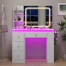 CollaredEagle Vanity Desk With Mirror And Lights,Transparent Top Vanitys With 2 RGB Drawers, A Variety Of Lighting Modes Brightness Adjustable,Power Outlet, Side-Mounted Large-Capacity Storage, White - Xem 8